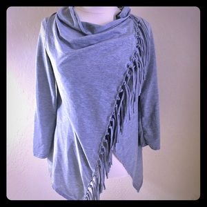 Gray fringed cowl neck top